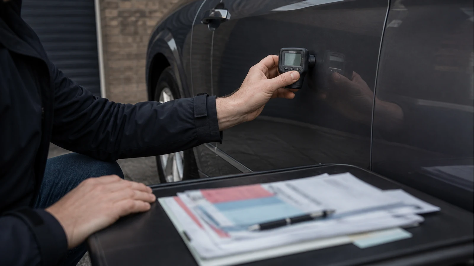 Buyer comparing paint depth readings with vehicle history paperwork