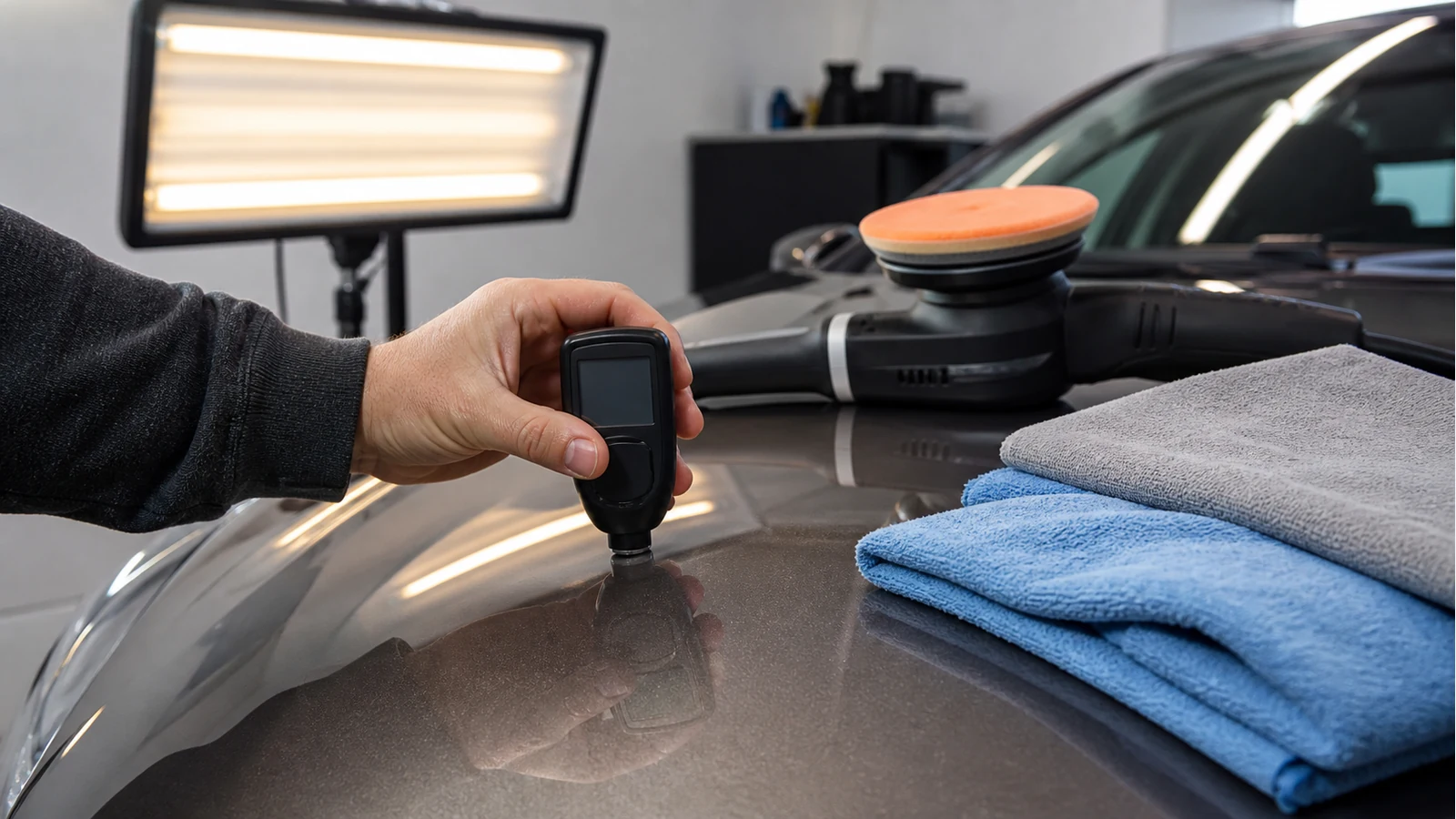 Detailer measuring paint thickness before polishing a car bonnet