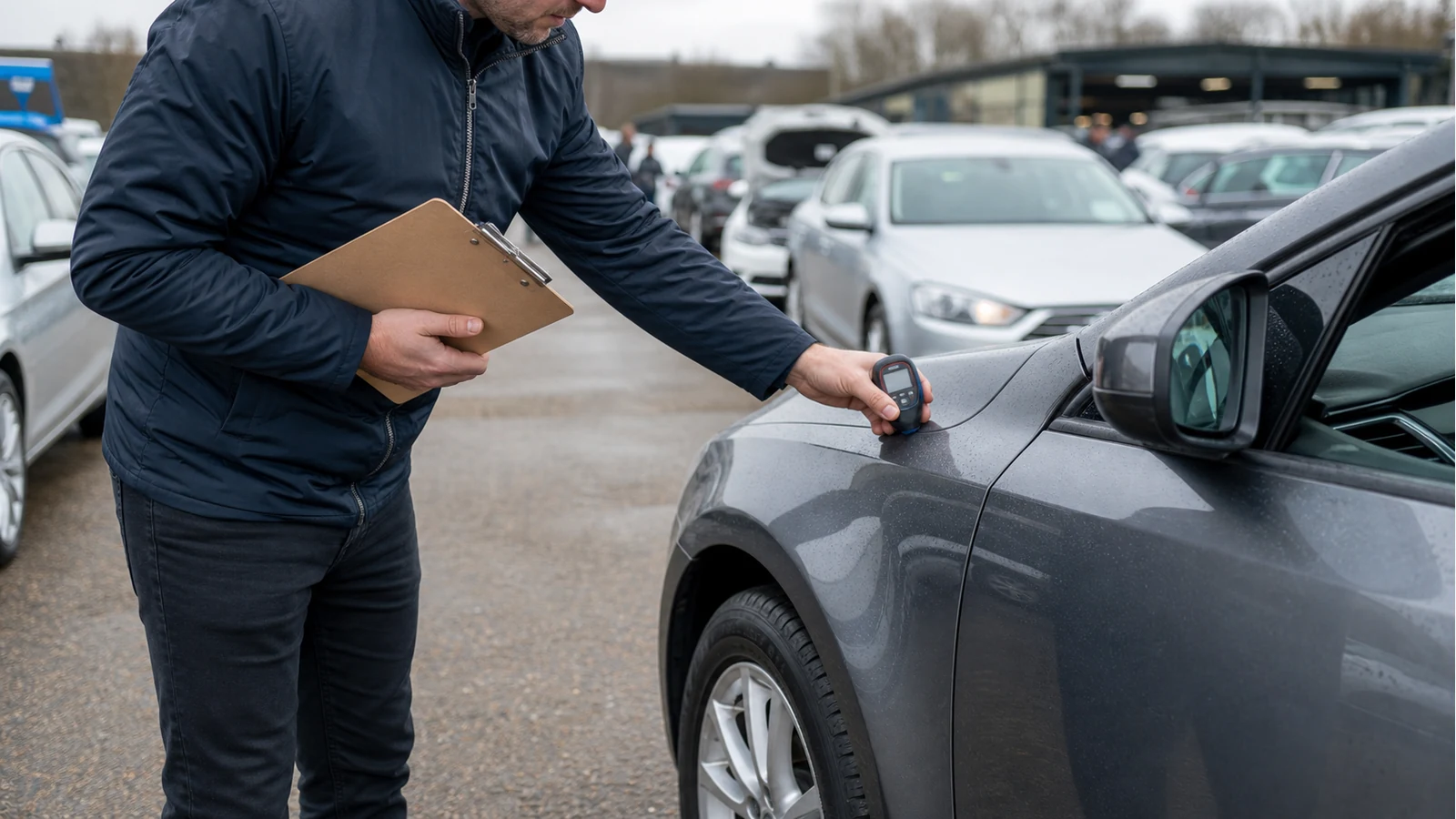Trader using a paint depth gauge during a car auction inspection