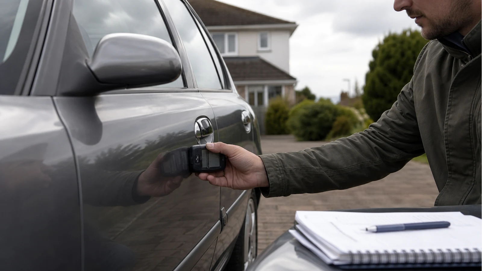 Buyer checking car paintwork with a handheld gauge during a UK used-car viewing